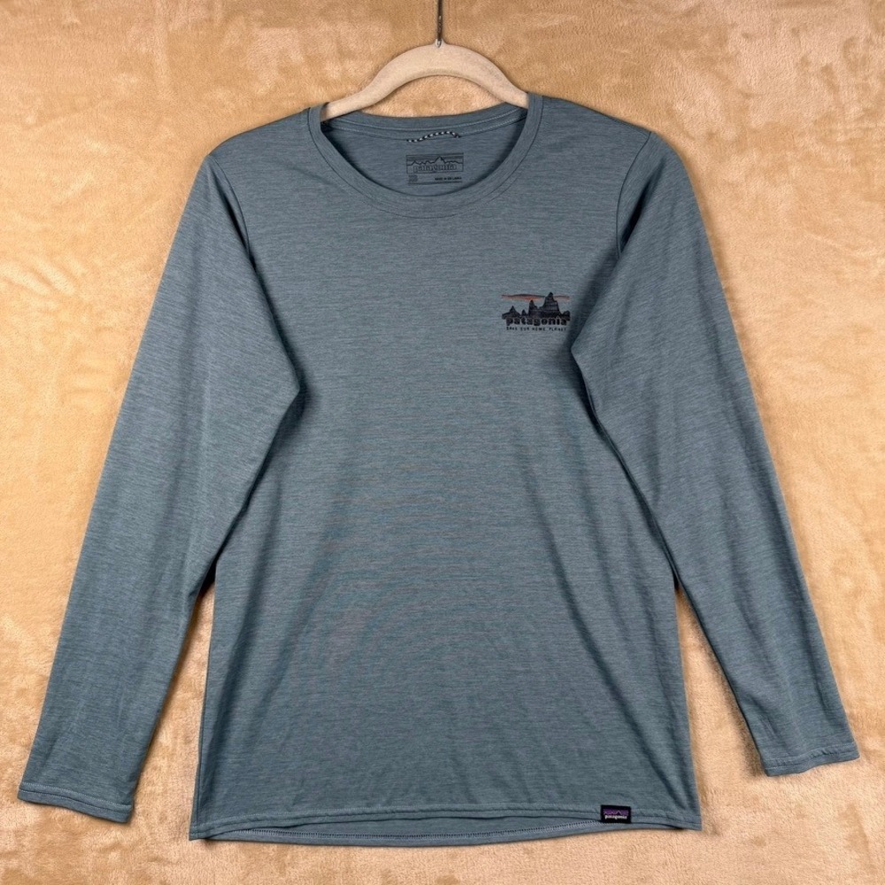 Patagonia Womens XS Long Sleeve Capilene Graphic Tee Save Our Home Planet Blue